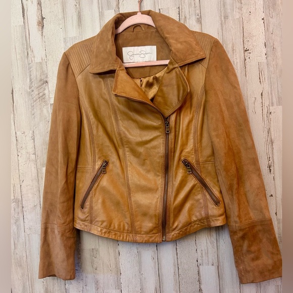 Jessica Simpson Jackets & Blazers - Jessica Simpson Camel 100% Leather Moto Jacket • Size M • Asym Zip